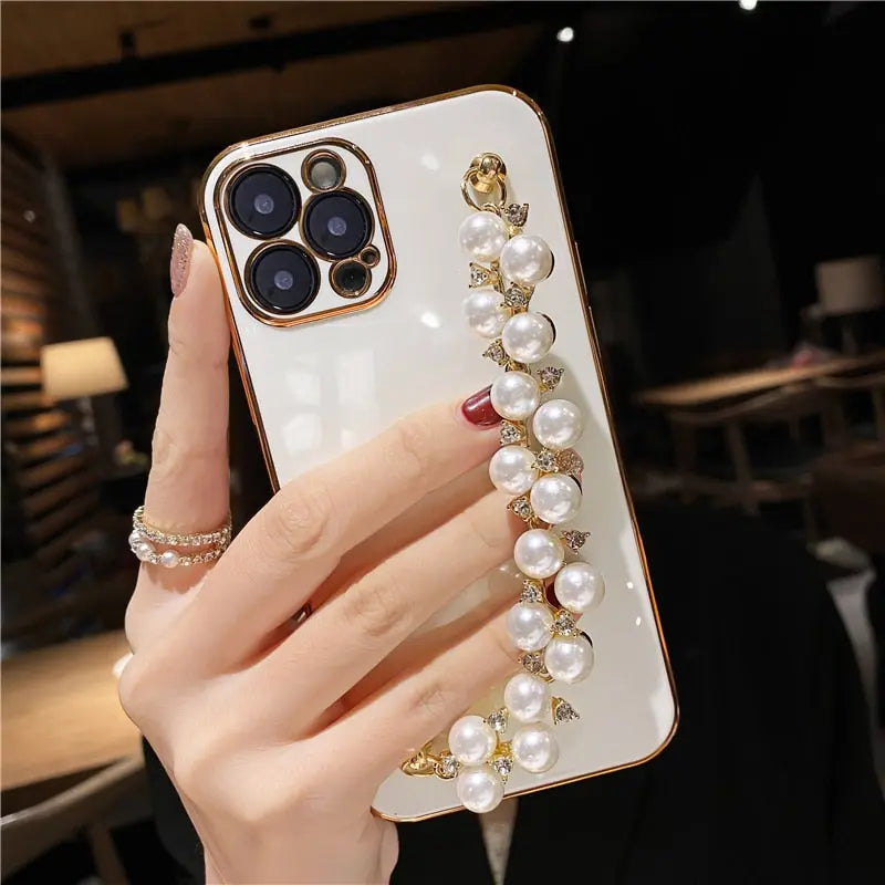 Pastel Pearl Bracelet Phone Case - Luxury Pearl Chain Iphone Case with White Pearl Phone Holder