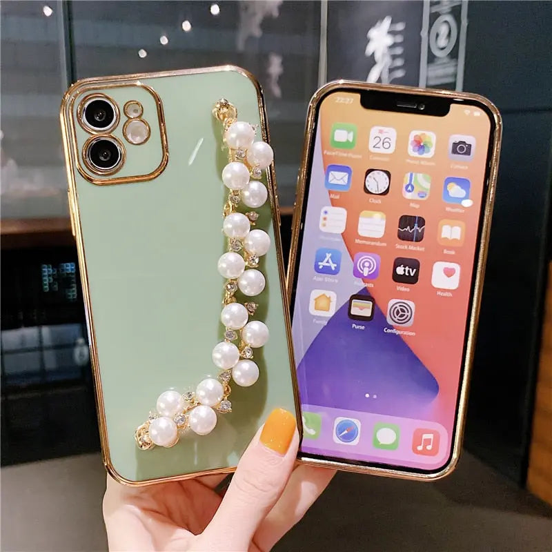 Pastel Pearl Bracelet Phone Case - Luxury Pearl Chain Iphone Case with White Pearl Phone Holder