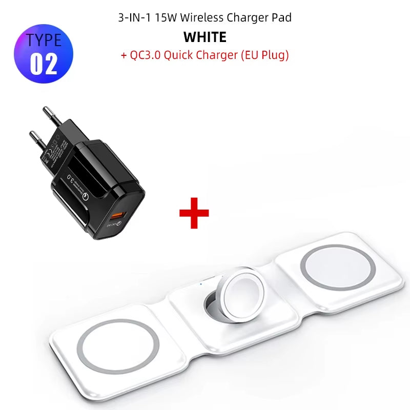 Fast 15W Foldable Magnetic Wireless Chargers for Iphone 13 11 12 Pro Max Portable 3 in 1 Wireless Charger for Iwatch 7 6 Airpods