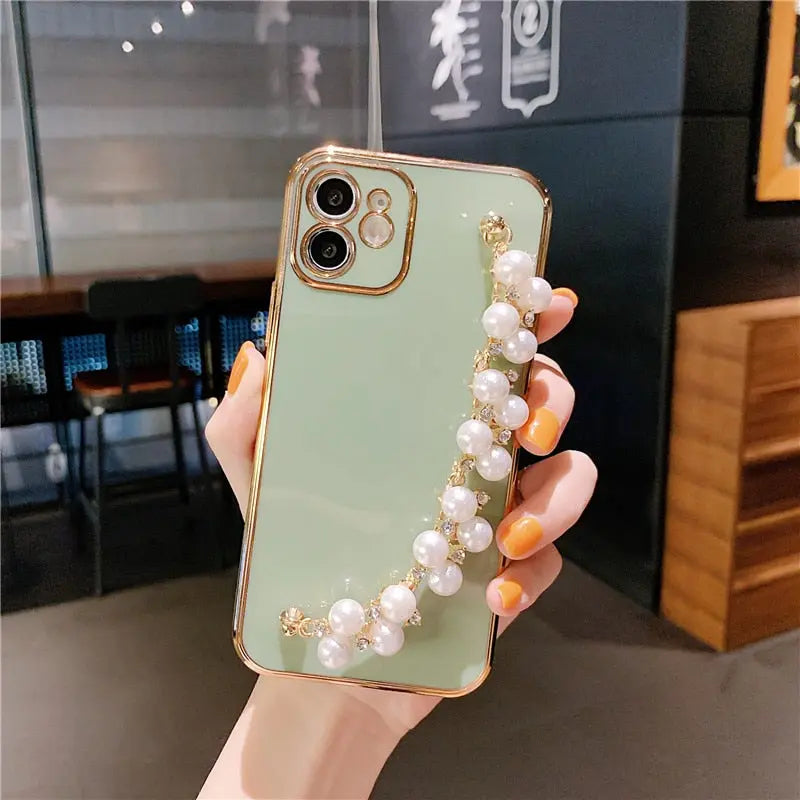 Pastel Pearl Bracelet Phone Case - Luxury Pearl Chain Iphone Case with White Pearl Phone Holder