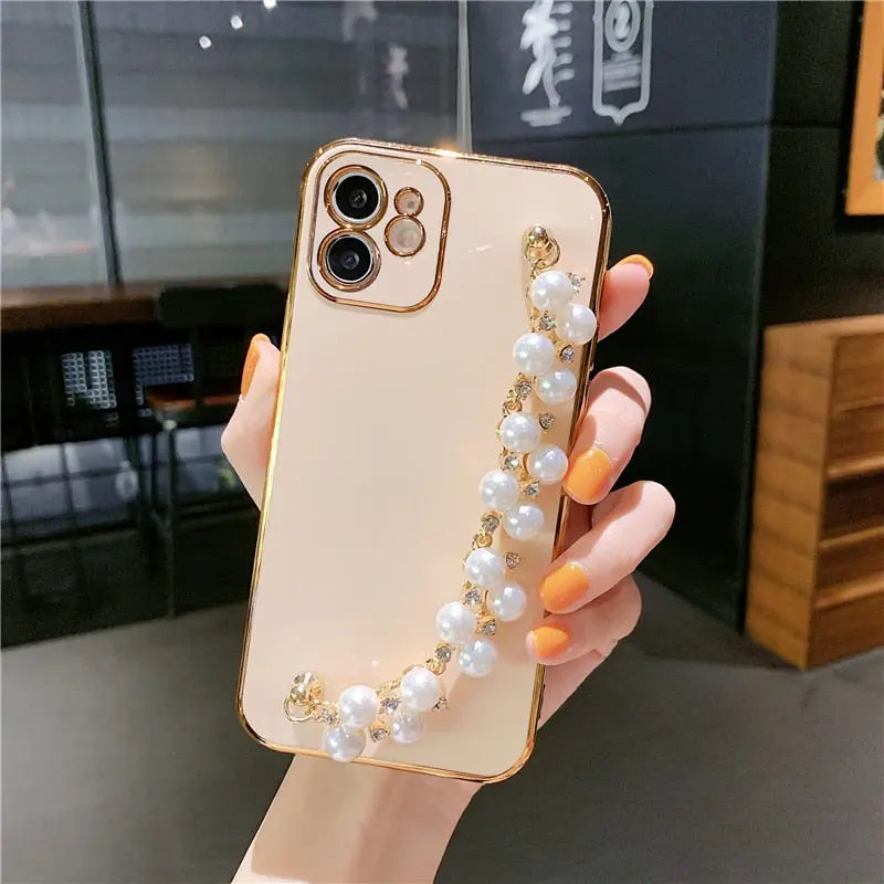 Pastel Pearl Bracelet Phone Case - Luxury Pearl Chain Iphone Case with White Pearl Phone Holder