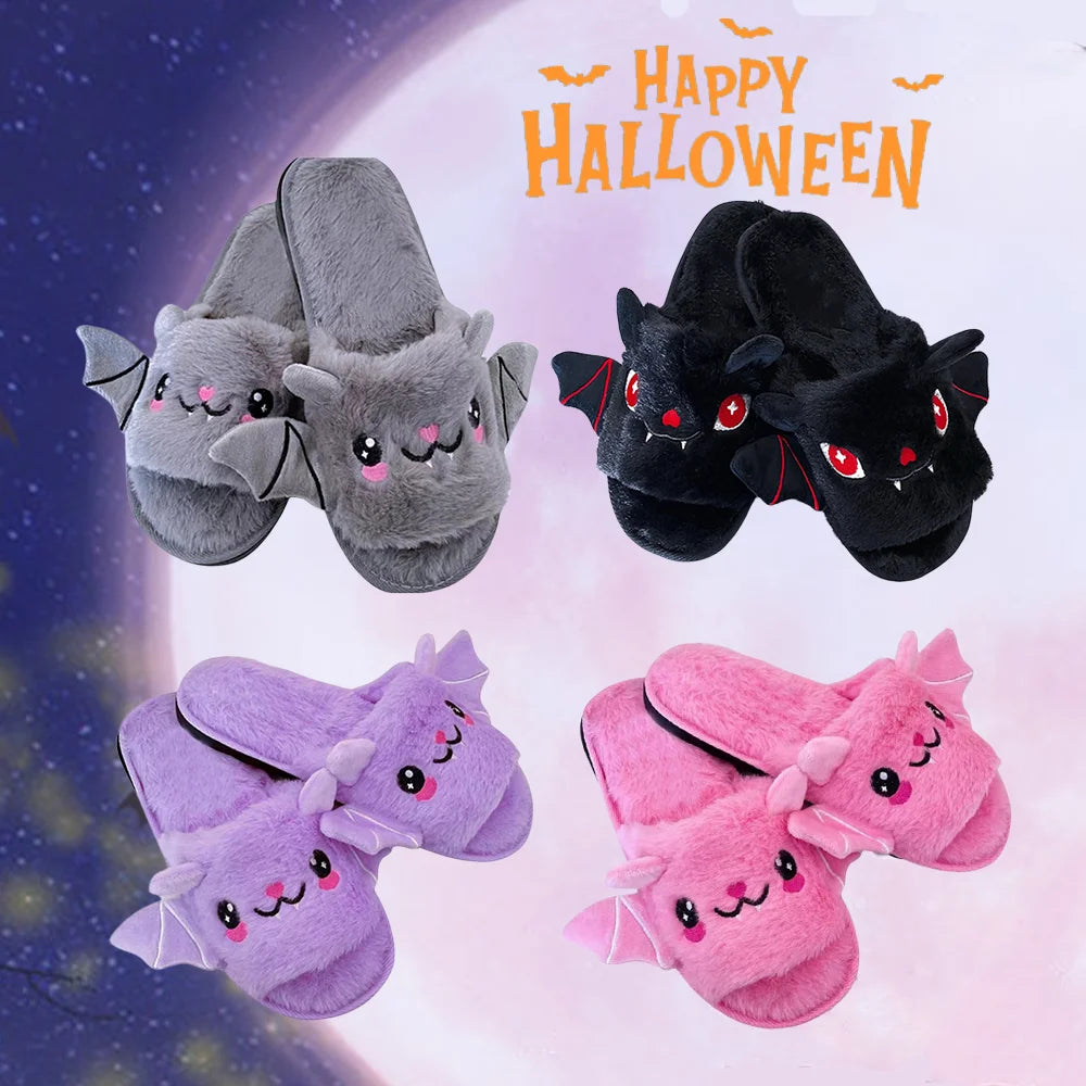 Halloween New Bat Slippers Women Plush Shoes Lightweight Home Silent Fuzzy Slipper Men Flip Flops Cartoon Kid Adults Flat Slides