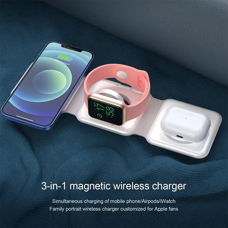 Fast 15W Foldable Magnetic Wireless Chargers for Iphone 13 11 12 Pro Max Portable 3 in 1 Wireless Charger for Iwatch 7 6 Airpods