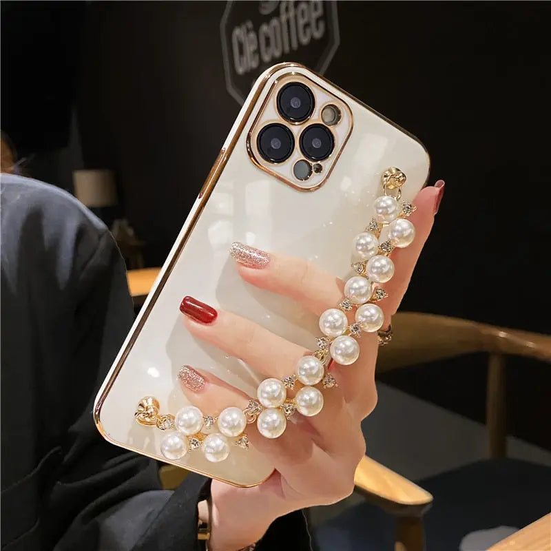 Pastel Pearl Bracelet Phone Case - Luxury Pearl Chain Iphone Case with White Pearl Phone Holder