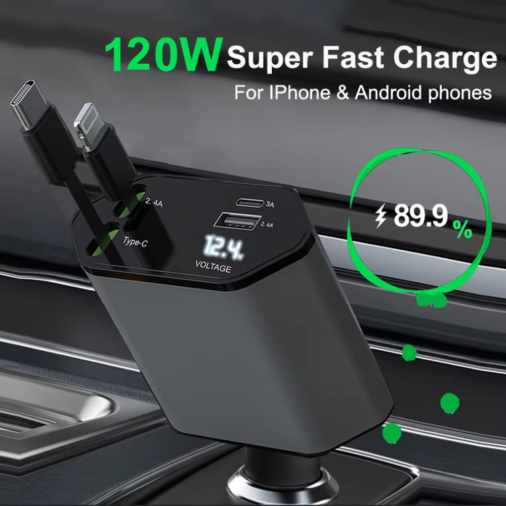 PD Car Charger 120W Quick Charger with 2 Retractable Cables Type C Fast Car Charger Voltmeter 4 in 1 Power for Iphone Huawei