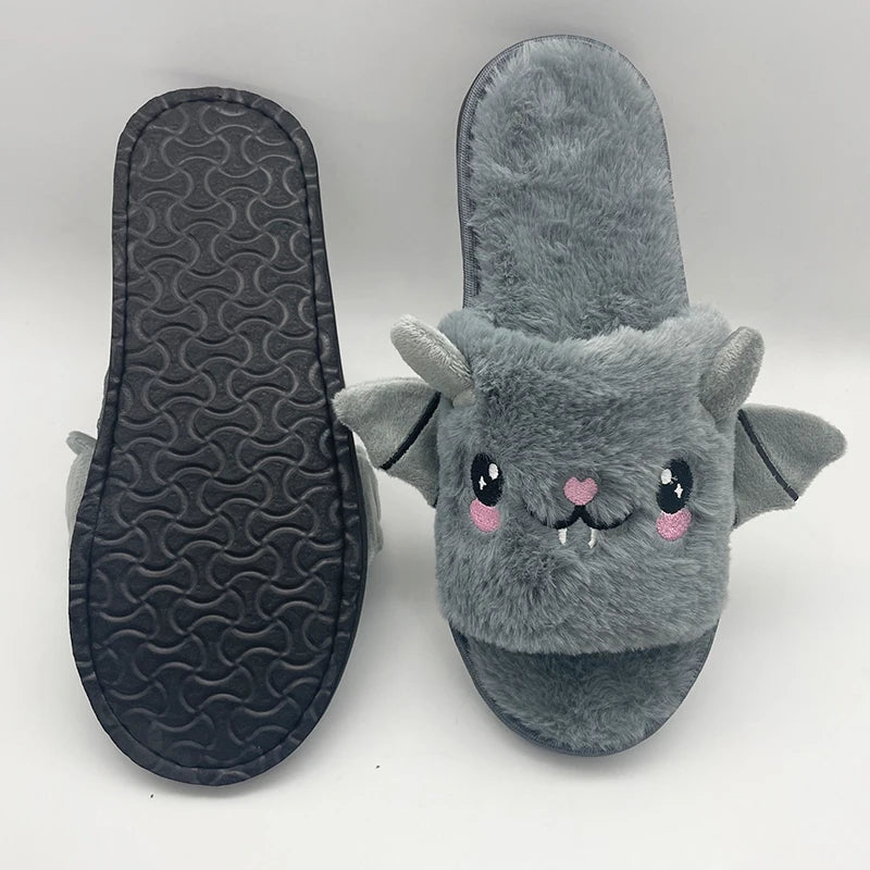 Halloween New Bat Slippers Women Plush Shoes Lightweight Home Silent Fuzzy Slipper Men Flip Flops Cartoon Kid Adults Flat Slides