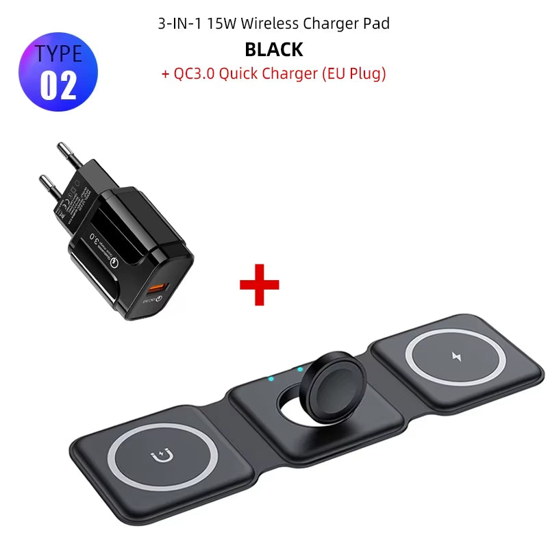 Fast 15W Foldable Magnetic Wireless Chargers for Iphone 13 11 12 Pro Max Portable 3 in 1 Wireless Charger for Iwatch 7 6 Airpods