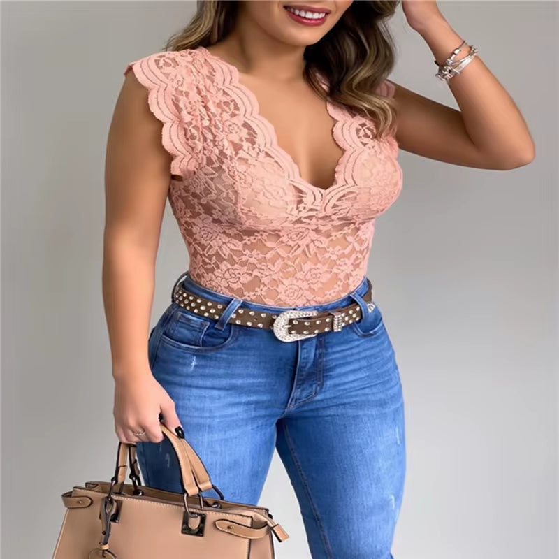 2024 Summer Sexy Lace Cami Crochet Vest Casual Solid Color Women Top Trend Lace Hollow Out Top for Ladies