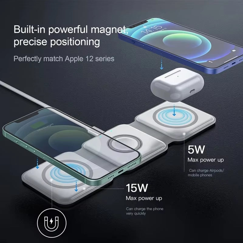 Fast 15W Foldable Magnetic Wireless Chargers for Iphone 13 11 12 Pro Max Portable 3 in 1 Wireless Charger for Iwatch 7 6 Airpods