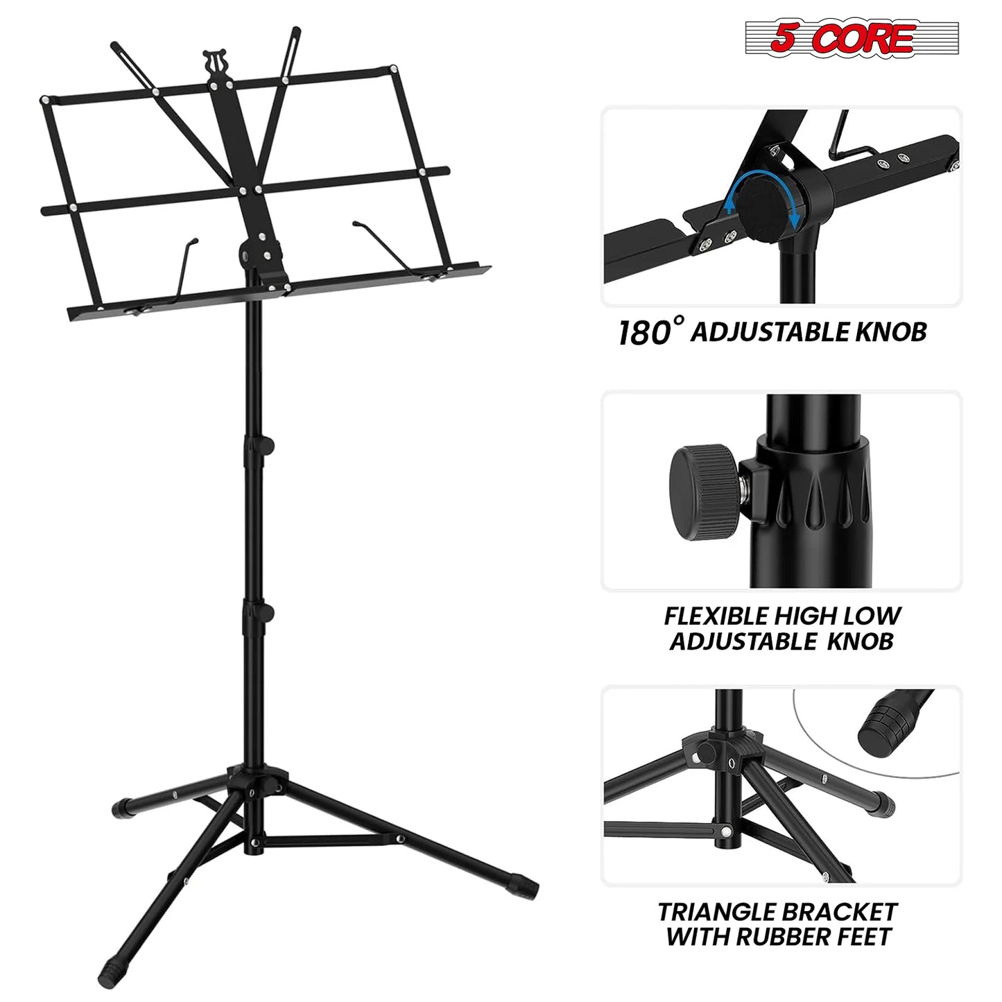 5Core Music Stand for Sheet Music Portable Tripod Adjustable Folding Note Holder BLACK