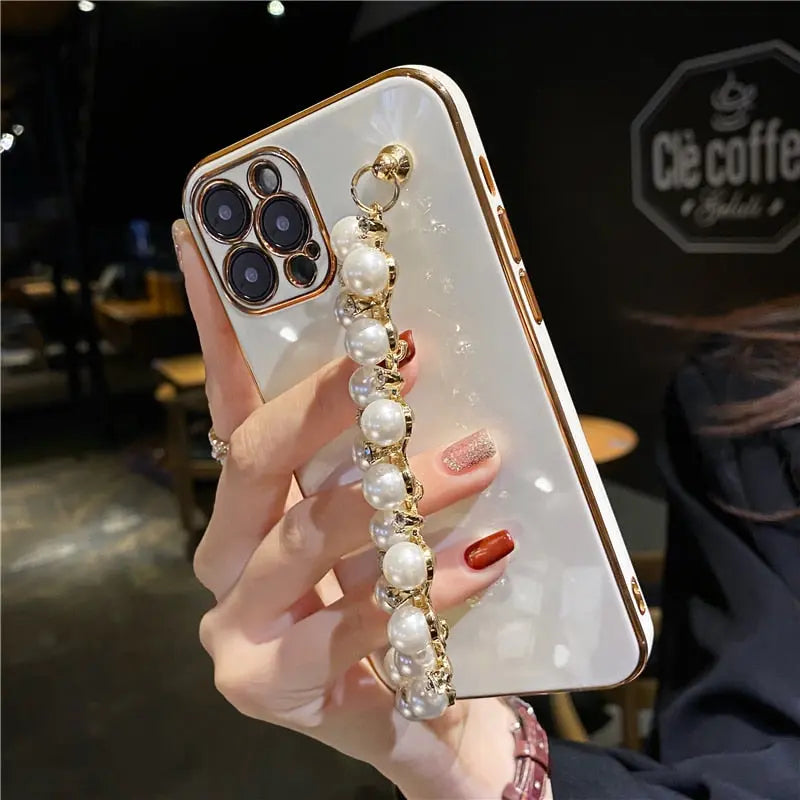 Pastel Pearl Bracelet Phone Case - Luxury Pearl Chain Iphone Case with White Pearl Phone Holder