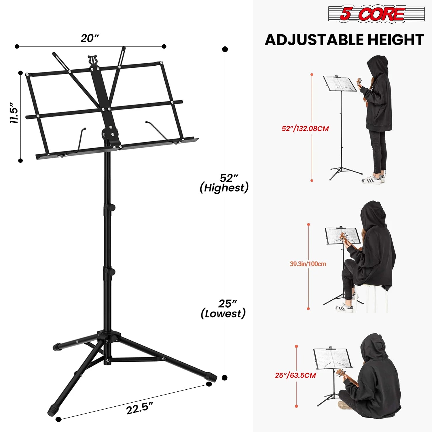 5Core Music Stand for Sheet Music Portable Tripod Adjustable Folding Note Holder BLACK