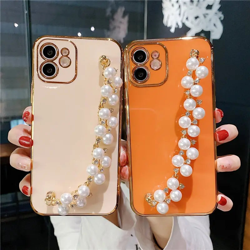 Pastel Pearl Bracelet Phone Case - Luxury Pearl Chain Iphone Case with White Pearl Phone Holder