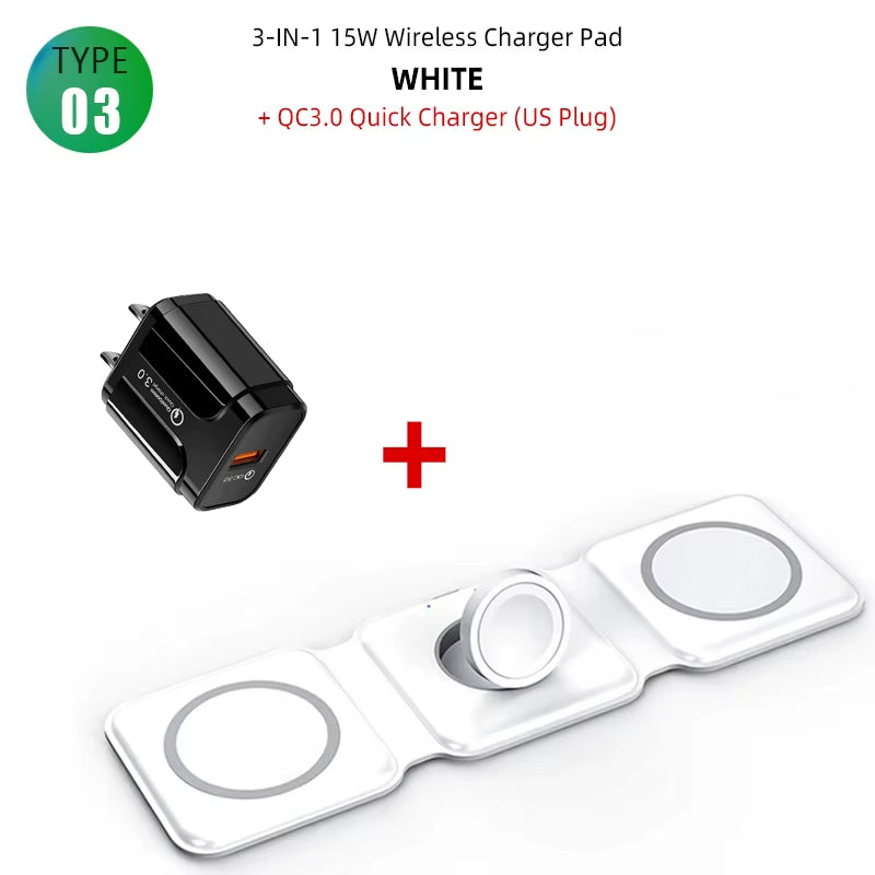 Fast 15W Foldable Magnetic Wireless Chargers for Iphone 13 11 12 Pro Max Portable 3 in 1 Wireless Charger for Iwatch 7 6 Airpods