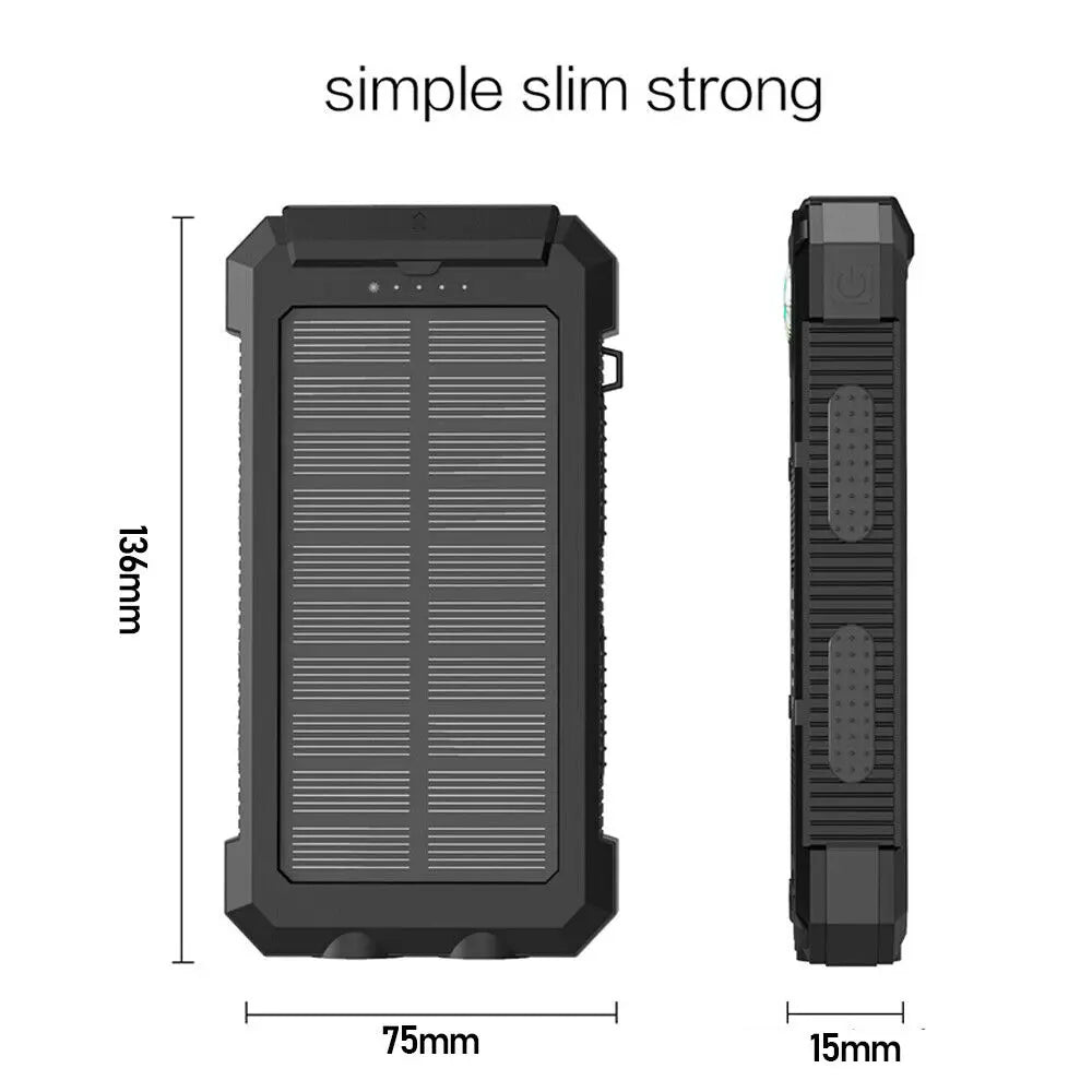 New 20000Mah Solar Power Bank Outdoor Waterproof Solar Power Charging Bank 2Usb Led Battery Charger for Cell Phone with Buckle