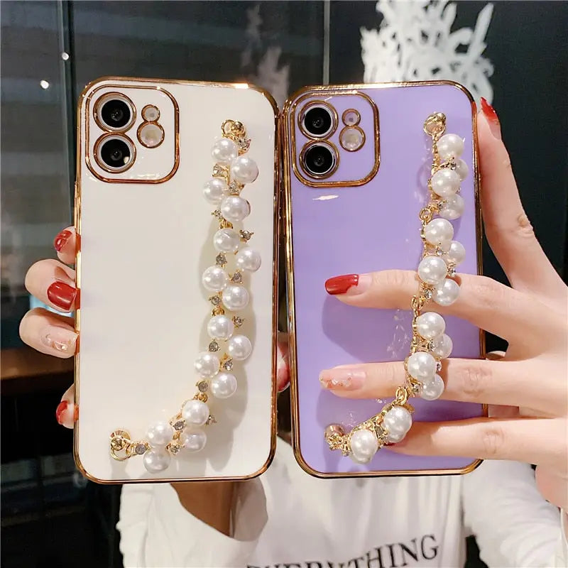 Pastel Pearl Bracelet Phone Case - Luxury Pearl Chain Iphone Case with White Pearl Phone Holder