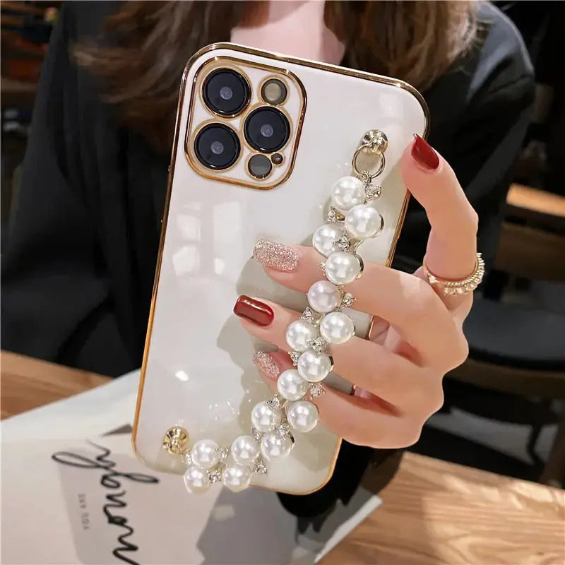 Pastel Pearl Bracelet Phone Case - Luxury Pearl Chain Iphone Case with White Pearl Phone Holder